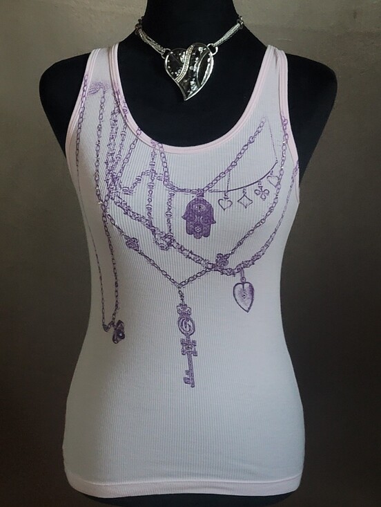 Tops - White Ribbed Tank with Lavender Necklace Print